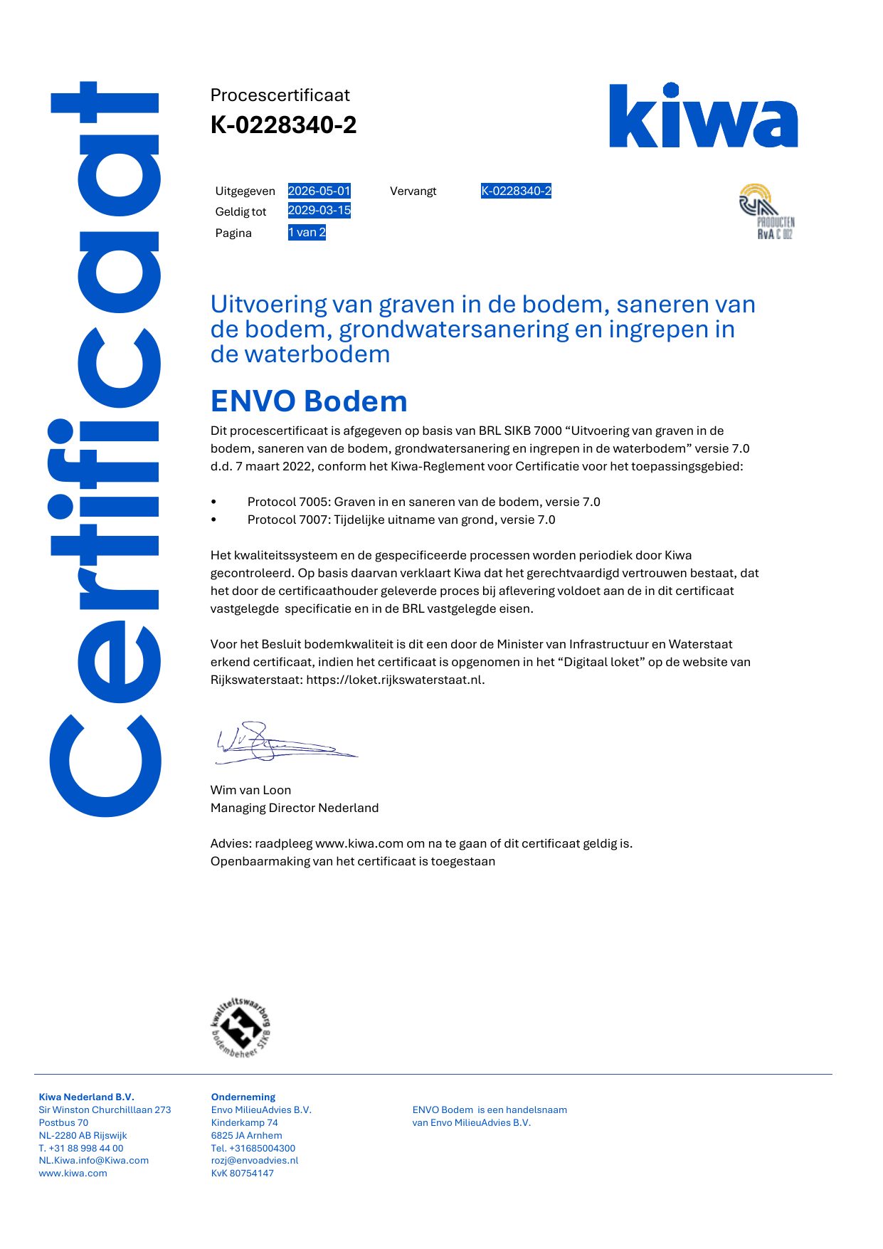 Eerste pagina van het BRL SIKB 7000-certificaat K-0228340-2, uitgegeven door Kiwa