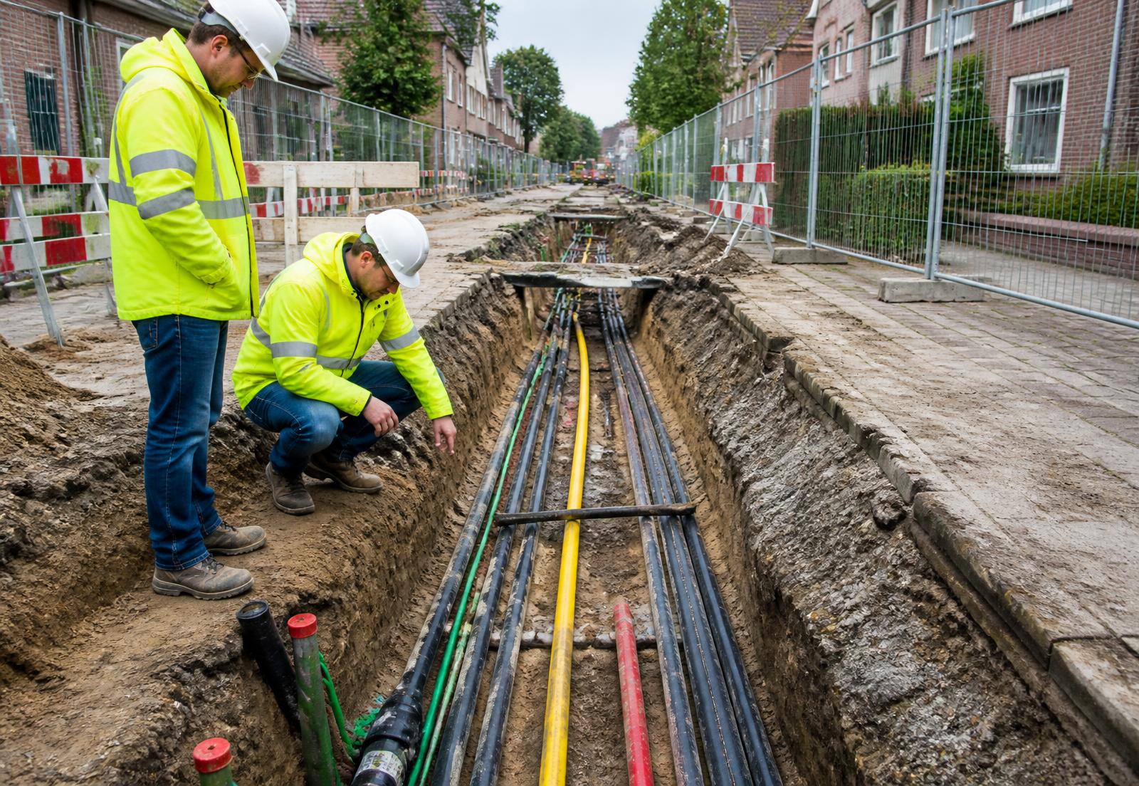 Twee uitvoerders in veiligheidskleding bij een open sleuf met kabels en leidingen