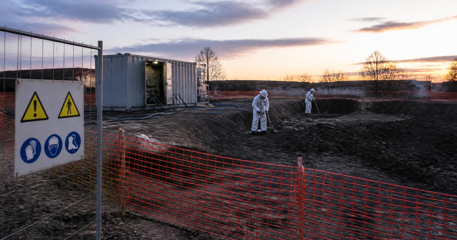 Saneringswerkzaamheden met deco-unit en afzettingen op een werkterrein